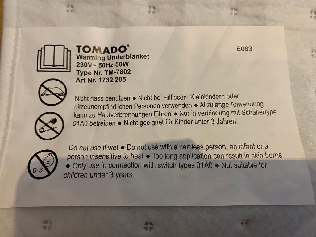 Tomado elektric warming underblanket, Ophalen, Gebruikt, Eenpersoons, Wit