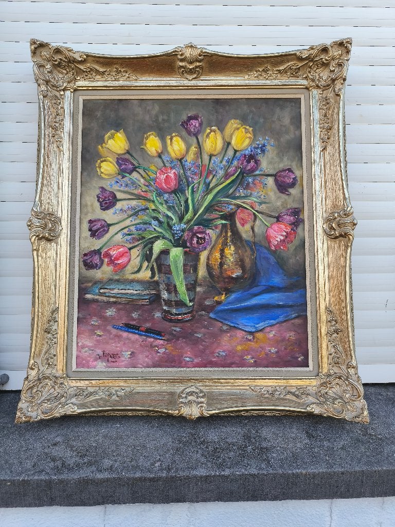 huile sur toile fleurs signe marcel pipart, Antiquités & Art, Enlèvement ou Envoi, Fleurs, Toile