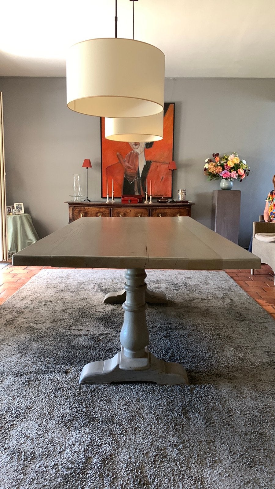 Houten stevige tafel 8 pers. Groen-grijs gebeitst.200x105cm, Huis en Inrichting, Tafels | Eettafels, Gebruikt, 100 tot 150 cm