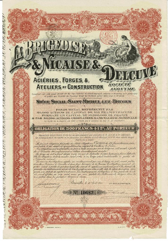 La Brugeoise et Nicaise & Delcuve Aciéries-Forges -1913, Postzegels en Munten, Aandelen en Waardepapieren, Verzenden, Voor 1920