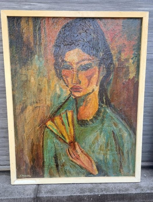 huile sur panneau femme a eventail signe, Enlèvement ou Envoi, Panneau