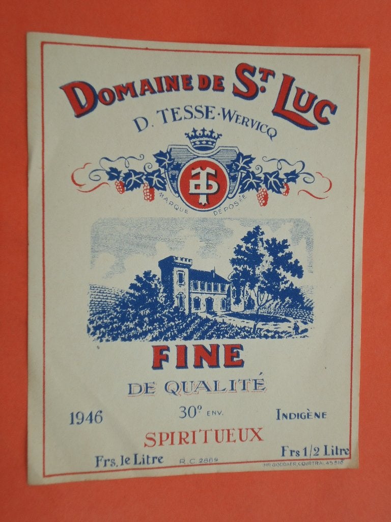 Wijn etiket Van Domainede St. Luc D. Tesse - Wervicq (1946 ), Verzamelen, Overige gebieden, Ophalen of Verzenden, Witte wijn, Zo goed als nieuw