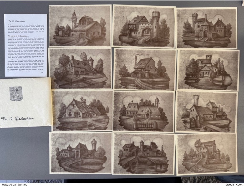 Lebbeke - 12 kaarten "De 12 Geslachten"  1980 (met uitleg), Verzamelen, Ophalen of Verzenden, Oost-Vlaanderen