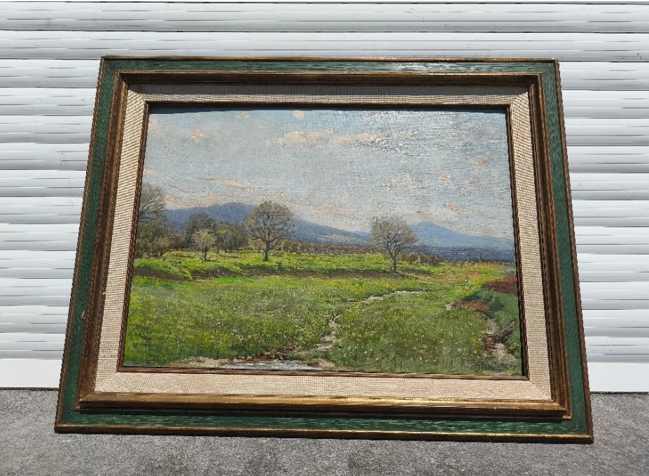huile sur carton paysage signe, Antiquités & Art, Enlèvement ou Envoi, Paysage, Panneau