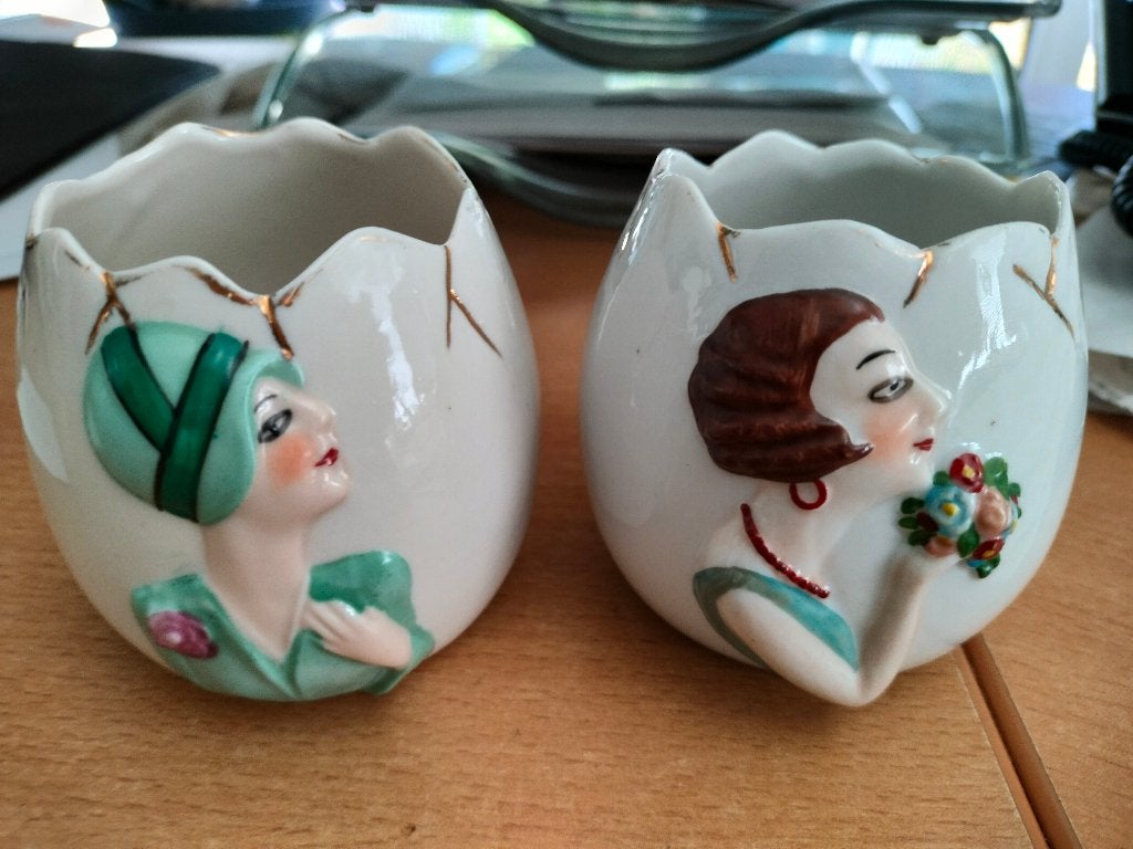 2 antieke potjes met dames met modestijl uit jaren 1920, Ophalen of Verzenden