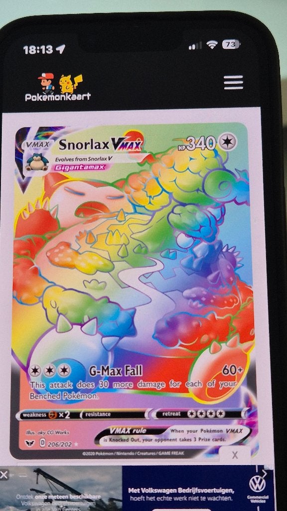 Pokemon kaart snorlax vmax, Verzamelen, Ophalen of Verzenden, Zo goed als nieuw