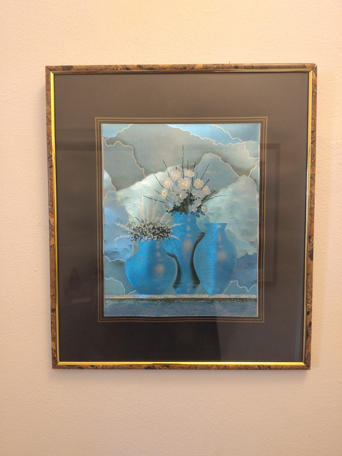 Vintage 3D-reliëfschilderij blauwe vazen gouden frame, Minder dan 50 cm, Gebruikt, Ophalen of Verzenden, Print
