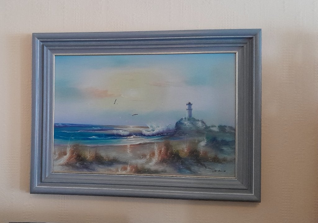 Zeezicht met vuurtoren op doek 1M x 80CM, Antiek en Kunst, Ophalen