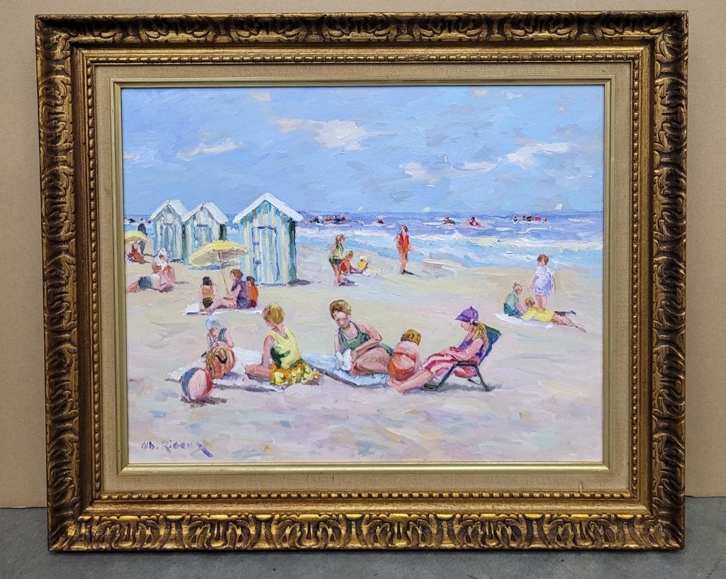 Albert RIGAUX, de blauwe strandcabines, Antiek en Kunst, Ophalen of Verzenden, Gesigneerd, Olieverf, Doek
