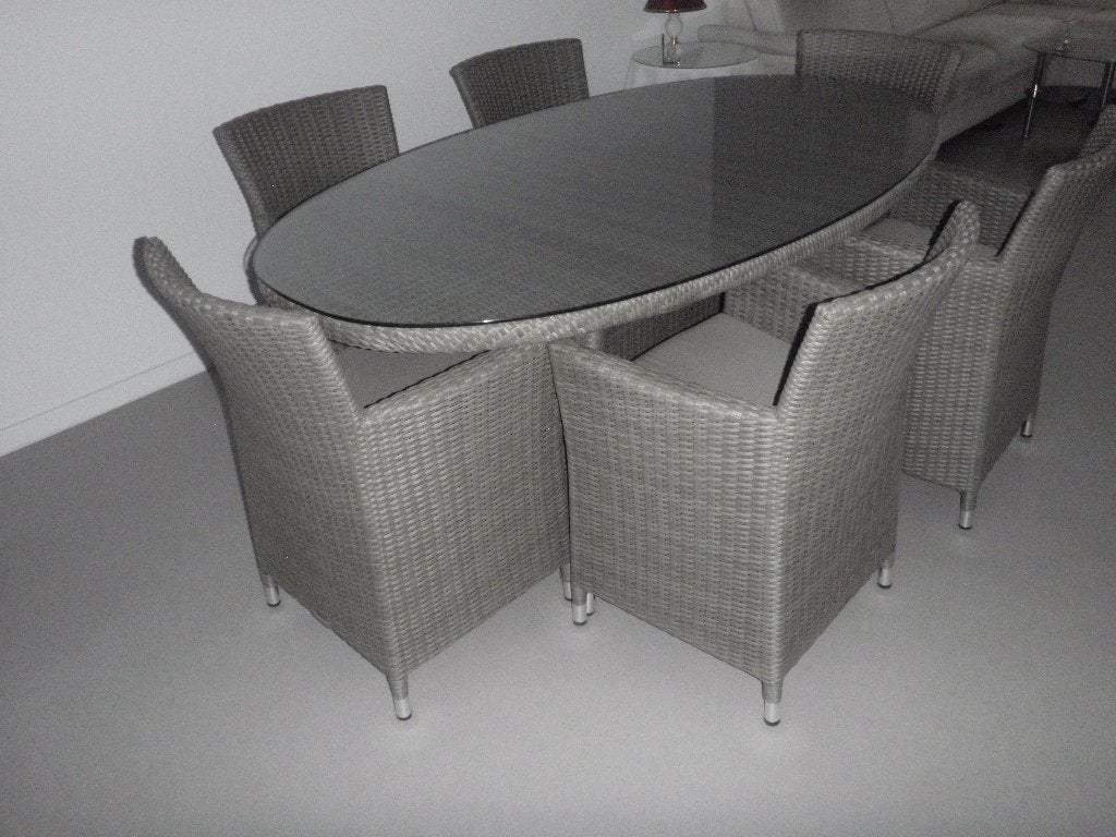 Rotan tafel met glazen blad en 6 bijhorende fauteuls, Overige materialen, Gebruikt, 100 tot 150 cm, Ophalen of Verzenden