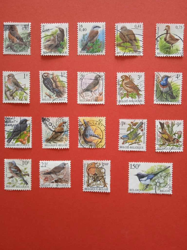 Lot de 19 timbres oblitérés "oiseaux" de Belgique, Envoi, Affranchi, Oblitéré, Autre