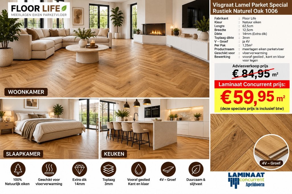 Visgraat Lamel Parket Rustiek Naturel 1006 14mm dik 4V-groev, Huis en Inrichting, Parket, Bruin, 75 m² of meer, Nieuw