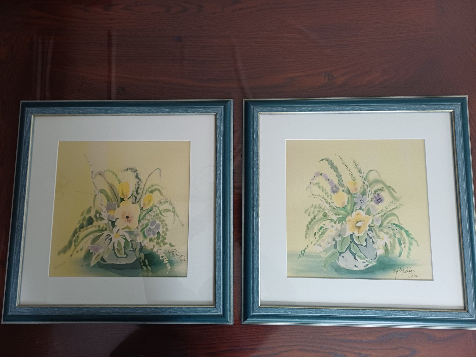 Duo aquarellen in frisse tinten met bloemen in mooie kaders, Ophalen, Zo goed als nieuw