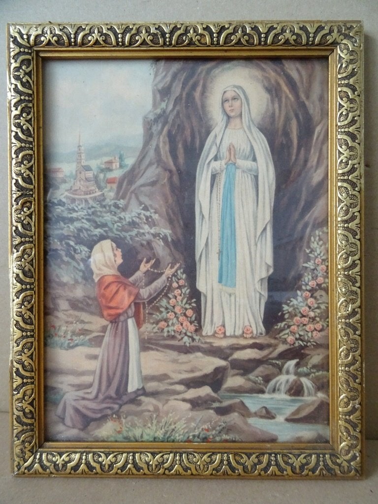 Vintage prent Heilige Maria en Bernadette Lourdes 21x27cm, Verzamelen, Religie, Ophalen of Verzenden, Gebruikt, Overige typen