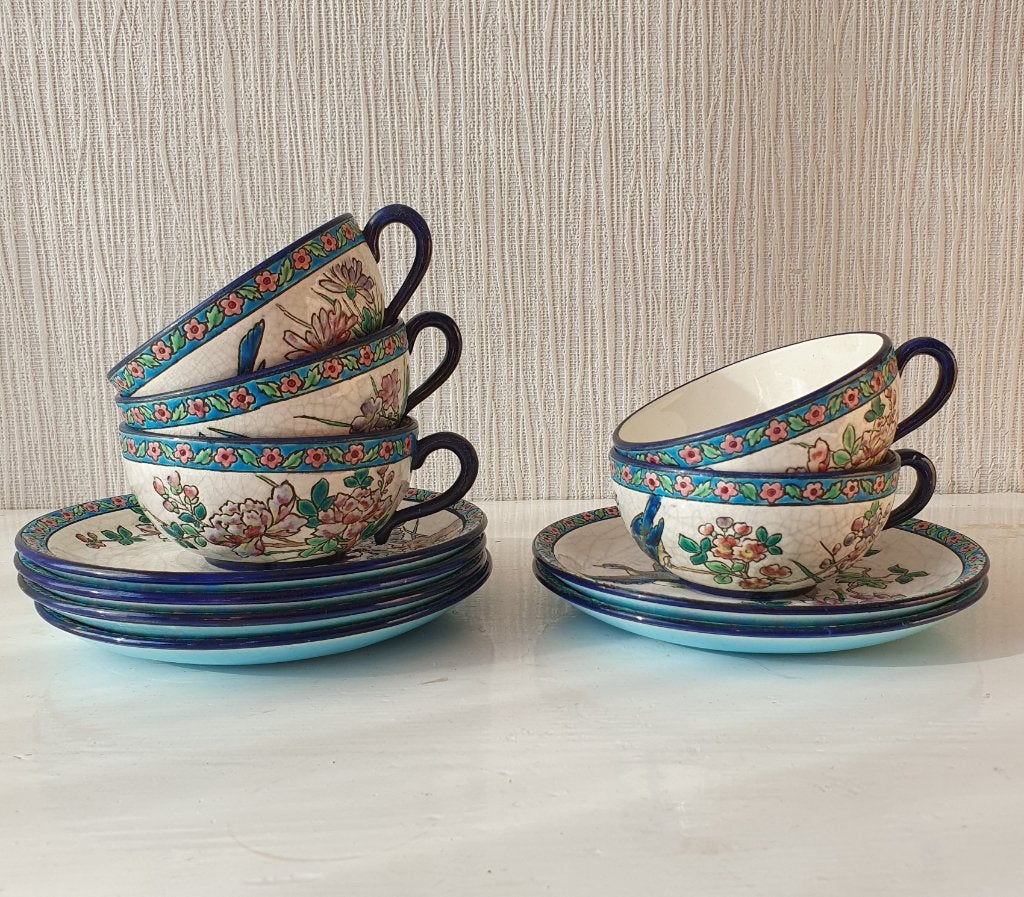 5 tasses et soucoupes Longwy anciennes, 1930, parfait état !, Antiquités & Art, Enlèvement ou Envoi