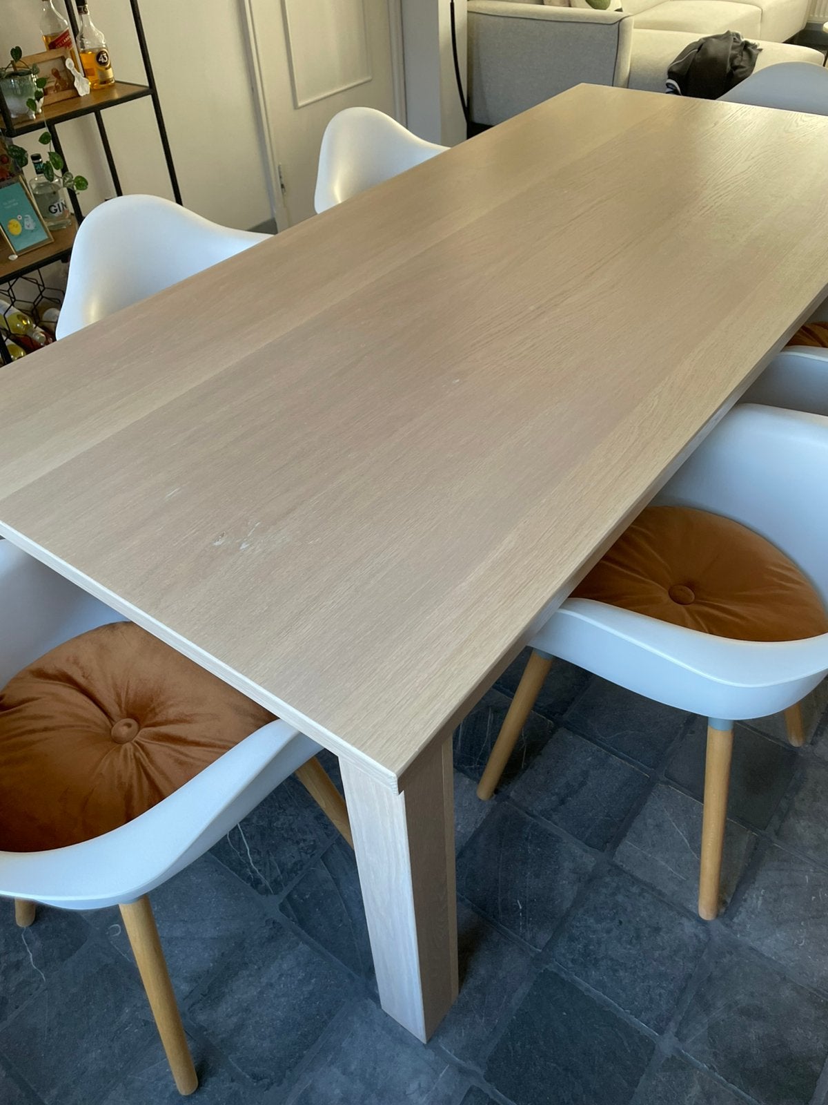 Eiken eettafel white wash  215x100, Huis en Inrichting, Tafels | Eettafels, Ophalen, Zo goed als nieuw