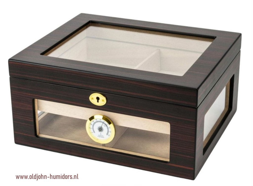 HUMIDOR EBONY - GLASS TOP - RONDOM DOORZICHT -SLOT –TRAY H09, Verzenden, Nieuw, Tabaksdoos of Verpakking