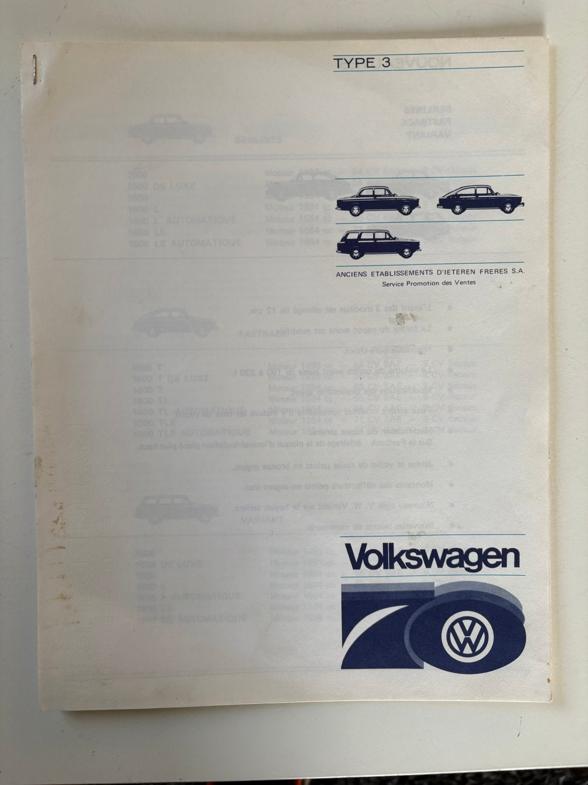 VW TYPE 3 Document d’Ieteren 1968 collector, Enlèvement ou Envoi, Comme neuf, Voitures