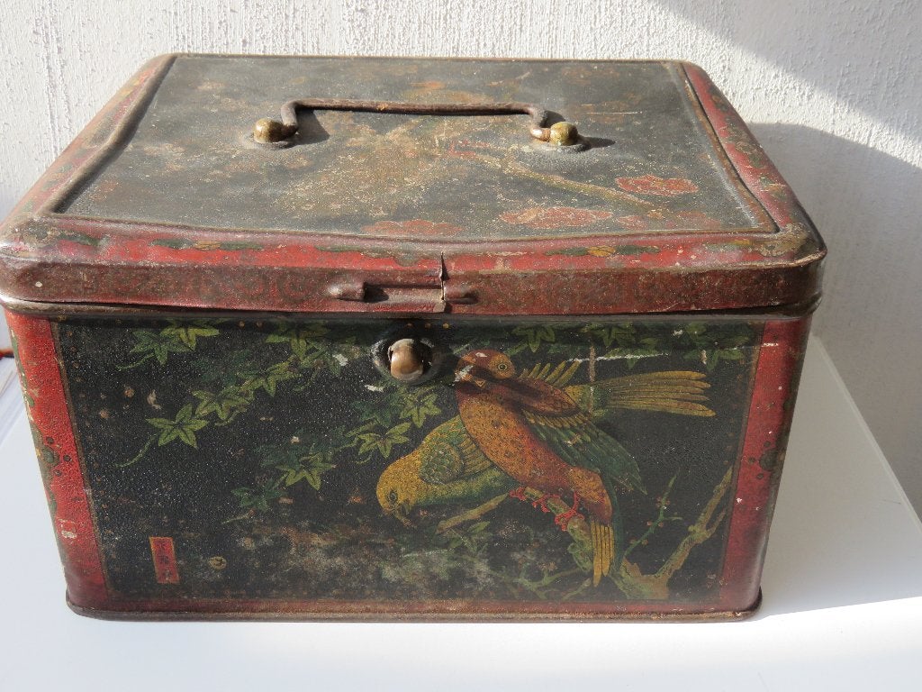 Vintage blikken doos , decor vogels met handvat, Ophalen of Verzenden