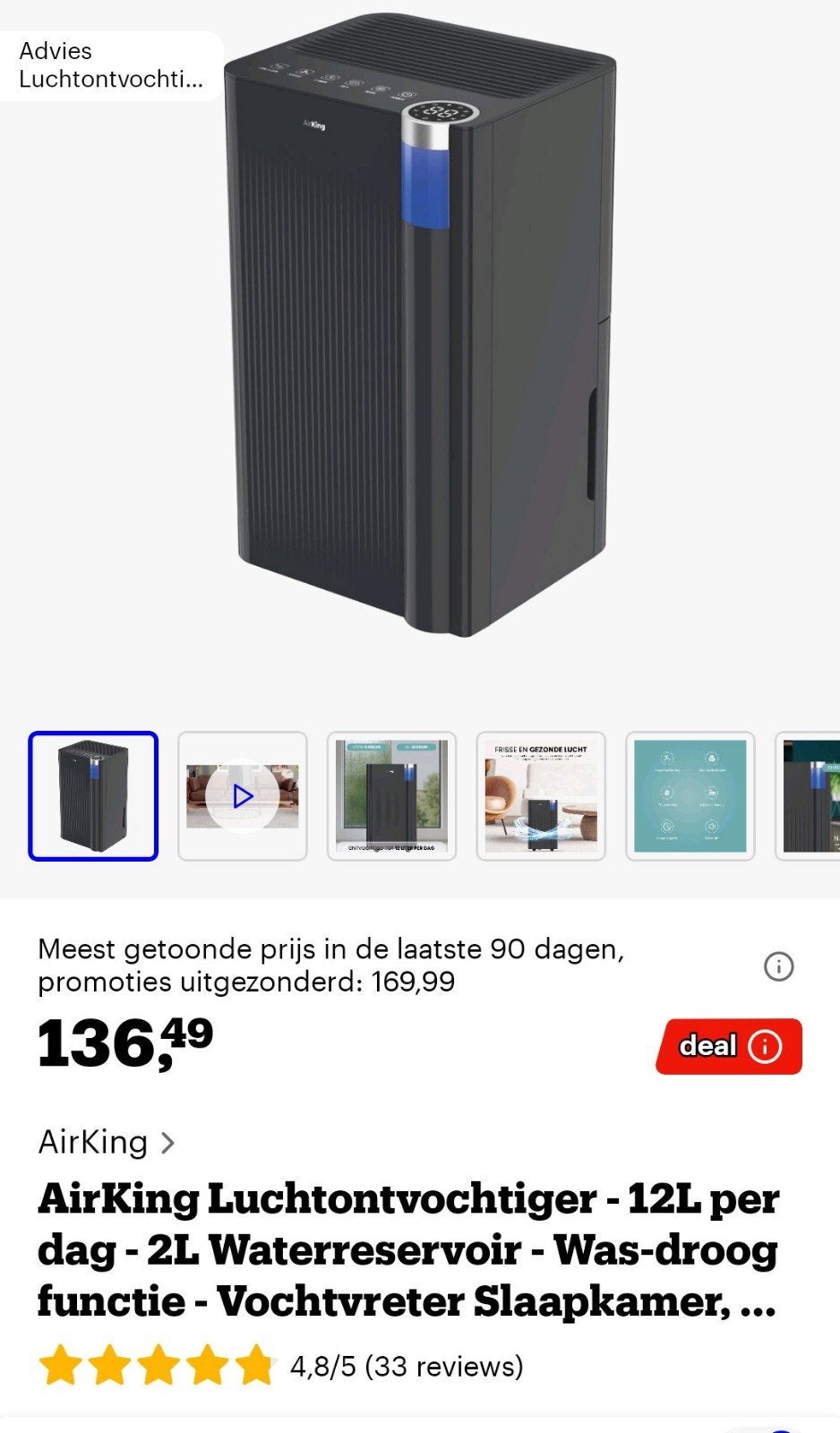 Airking Luchtontvochtiger voor woonkamer, slaapkamer,.., Elektronische apparatuur, Ophalen of Verzenden, Zo goed als nieuw, Luchtontvochter