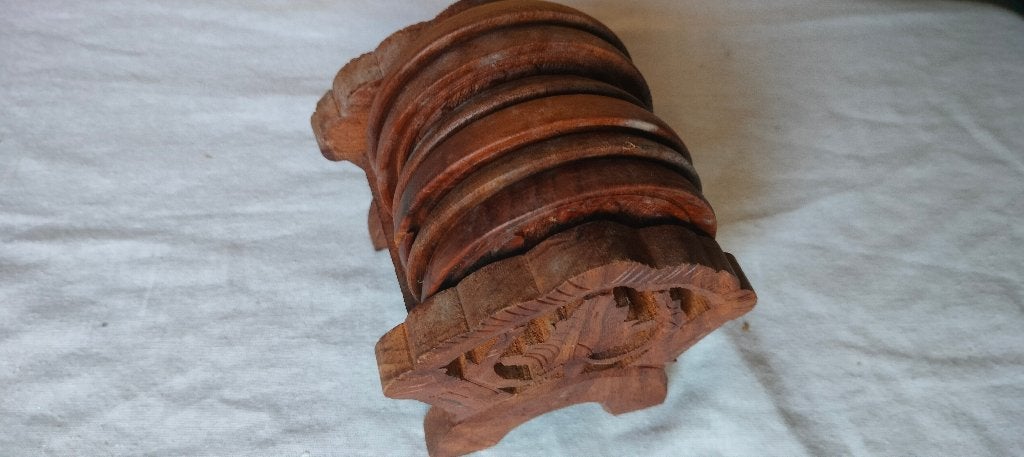 6 houten glazen onderzetters schotels in houder vintage, Ophalen of Verzenden, Zo goed als nieuw, Vintage