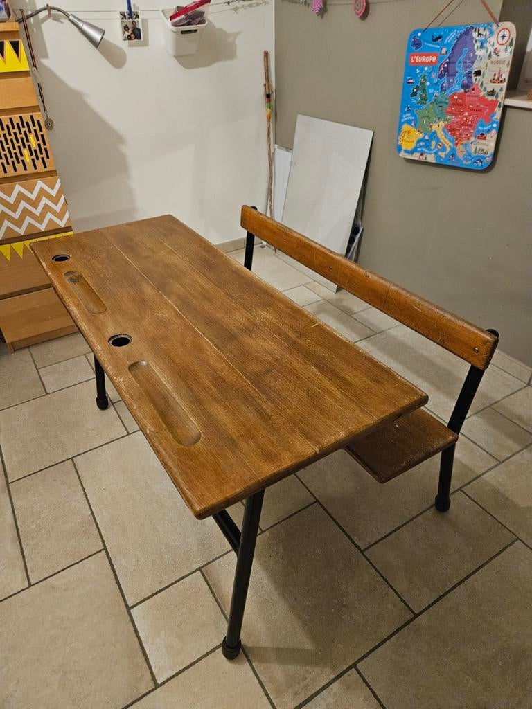 Banc ancien d'écolier en bois, pupitre avec cassette, Enlèvement