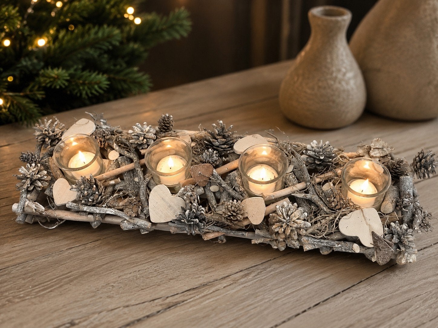 Rustiek kerststuk met 4 kaarsen, Ophalen of Verzenden