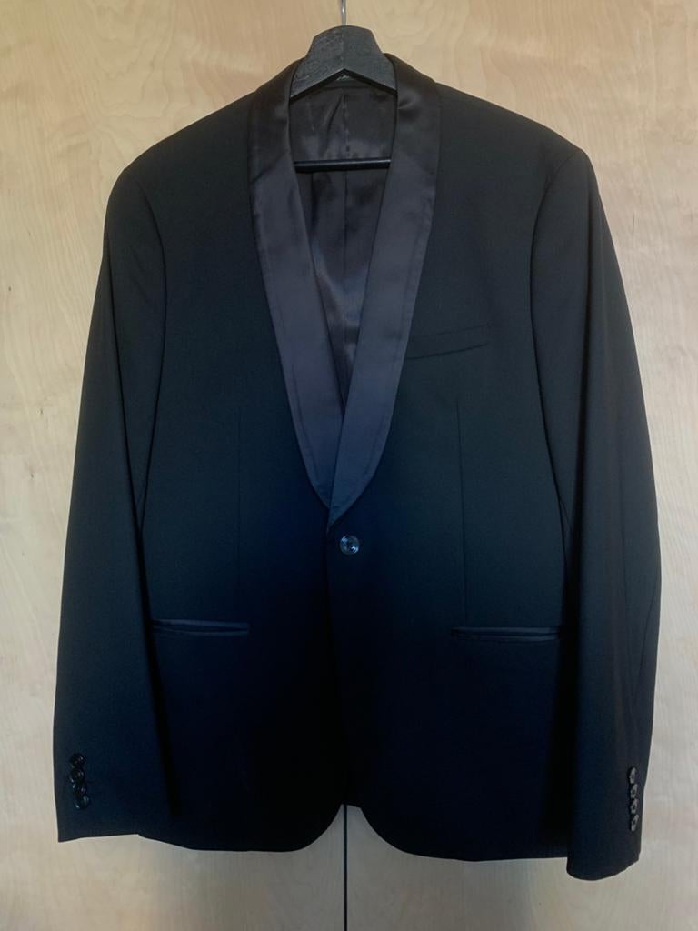 Veste de smoking Col châle satiné noir Super Slim Fit 52, Enlèvement ou Envoi, Comme neuf, Taille 52/54 (L), Noir