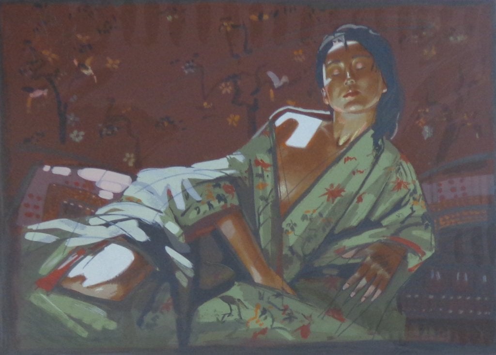 NICO VRIELINK / LIGGENDE VROUW / KLEURLITHO / 80x99cm KADER, Signé, Enlèvement