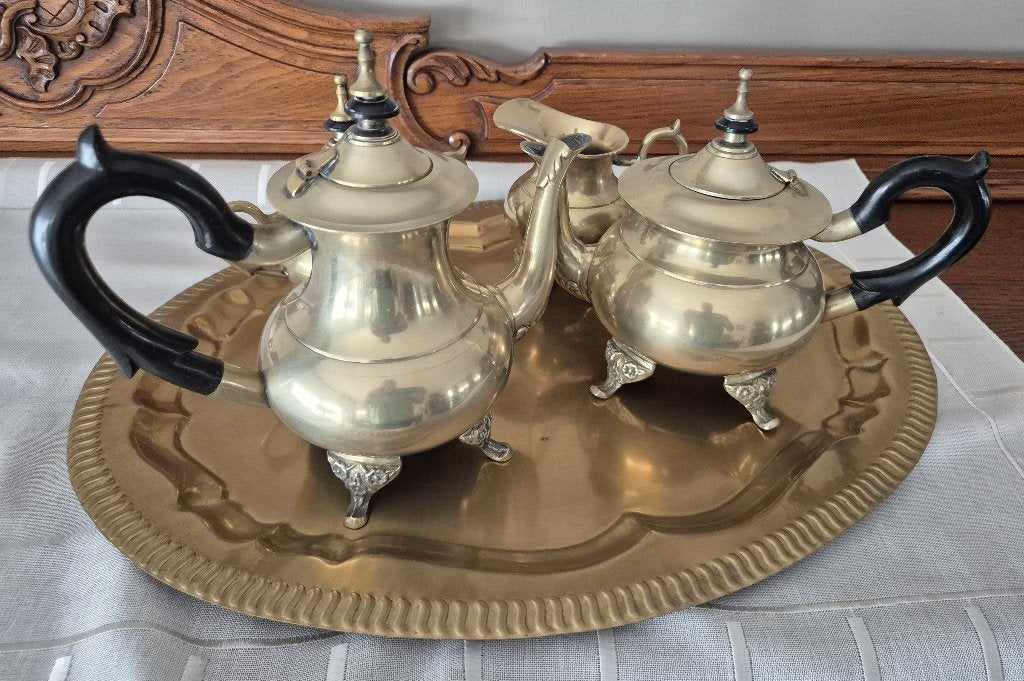 vintage verzilverde/messing theeservies op dienblad, Ophalen