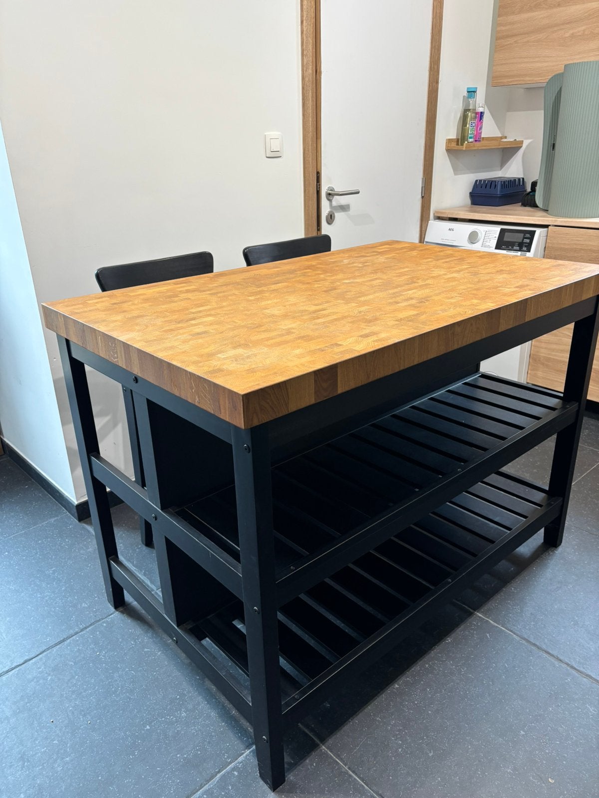 Kookeiland en 2 barstoelen, Ophalen, Gebruikt, 100 tot 150 cm, 75 cm of meer