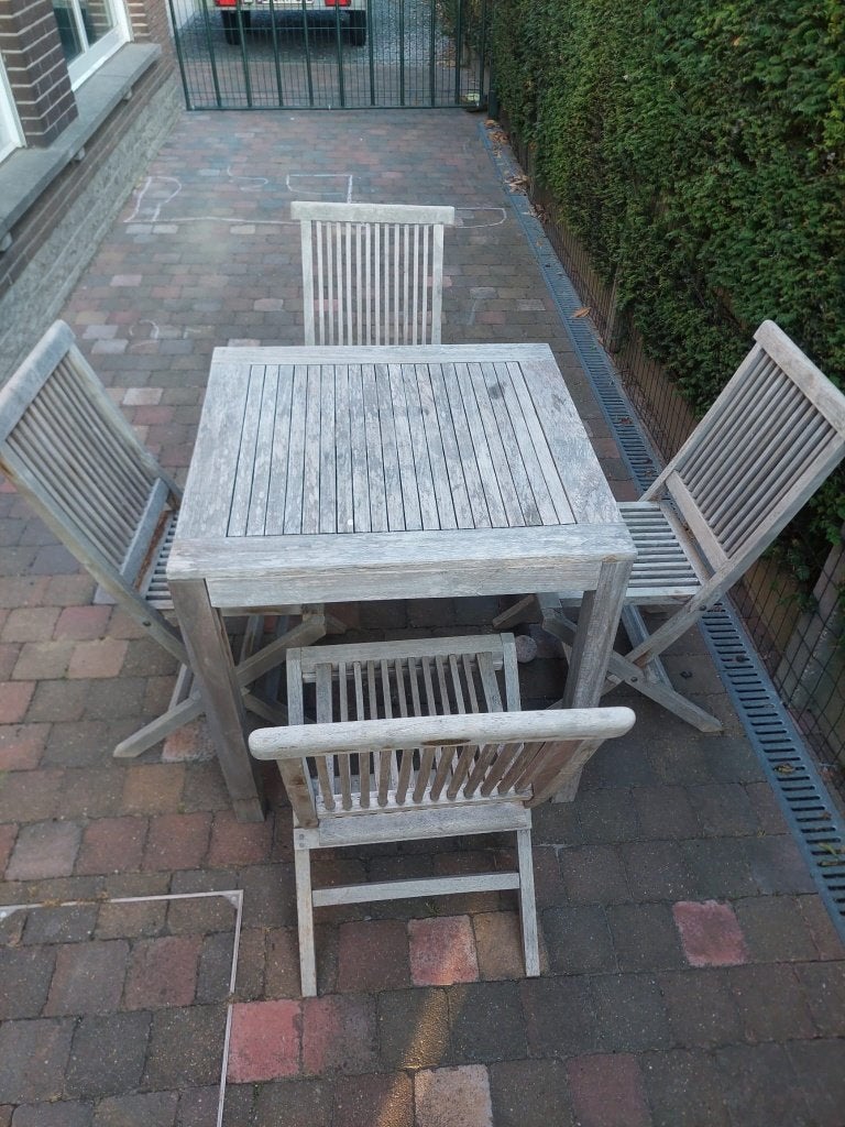 Tuintafeltje 4 personen met 4 stoelen teak, Tuin en Terras, Ophalen, 4 zitplaatsen, Gebruikt, Teakhout