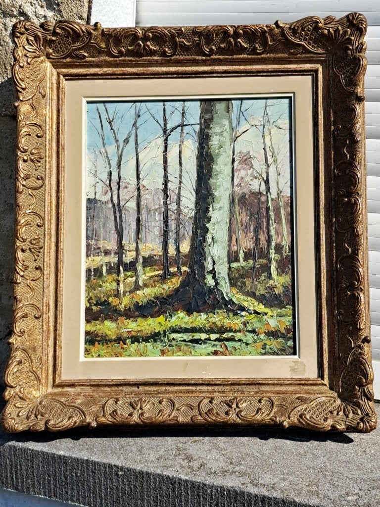 huile sur panneau arbres signe a istas, Antiquités & Art, Art | Peinture | Classique, Enlèvement ou Envoi, Panneau