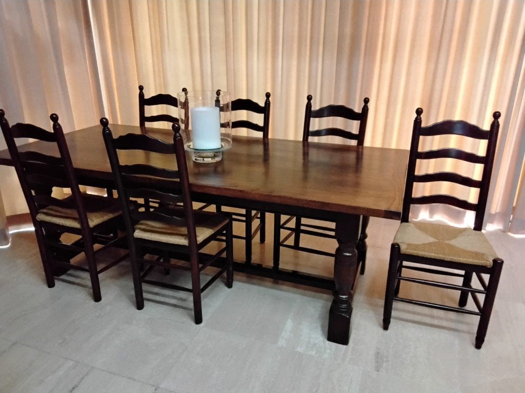 Donker houten eetkamerstoel met rugleuning.  6 stoelen, Ophalen, Gebruikt, Bruin, Hout