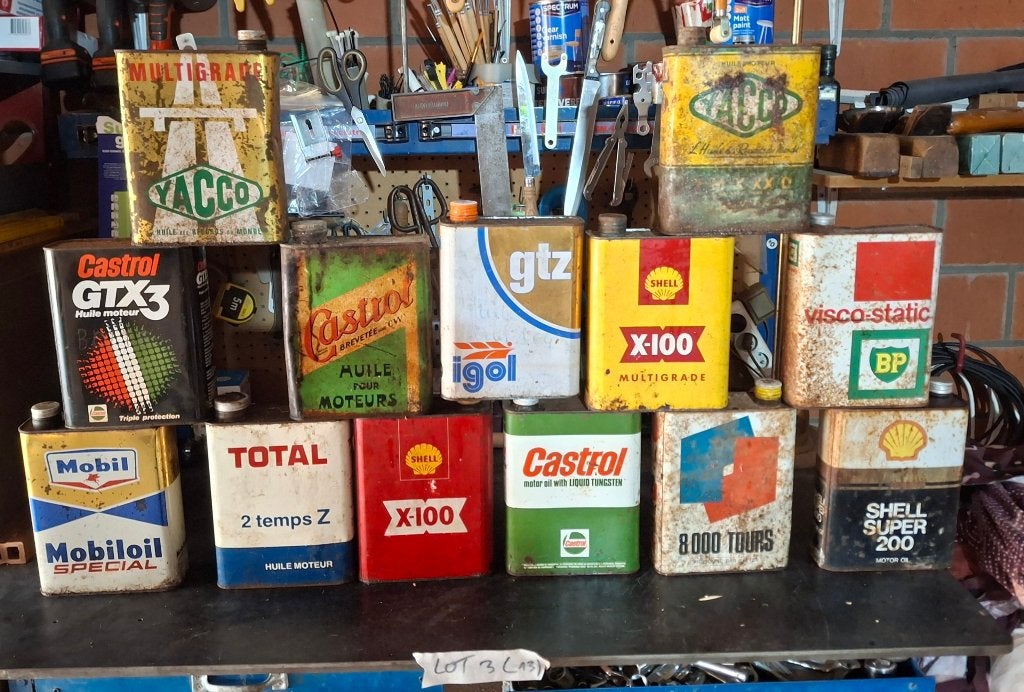 2 partijen vintage olieblikken 15st en 13st, Verzamelen, Ophalen of Verzenden, Gebruikt, Verpakking