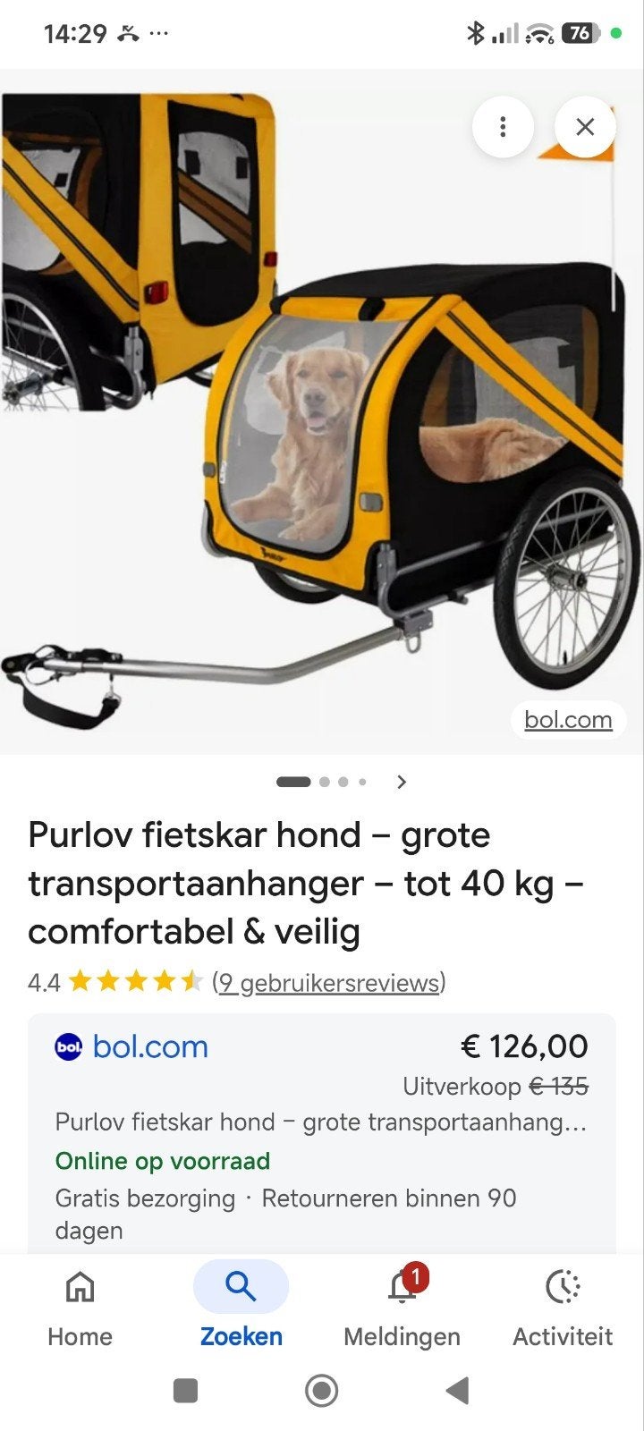 Purlov fietskar voor grote hond., Ophalen