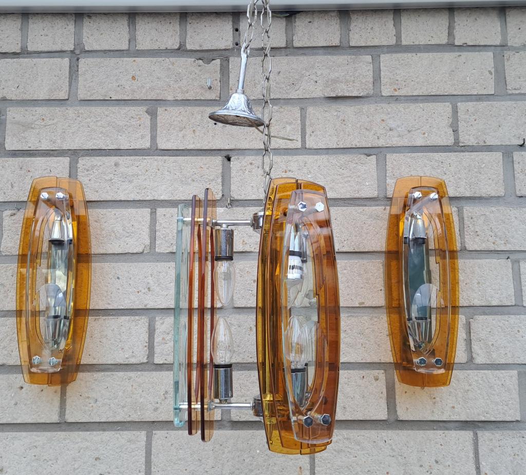 Hanglamp+twee wandlampen VECA,  stile fontana arte jaren70, Ophalen of Verzenden, Glas