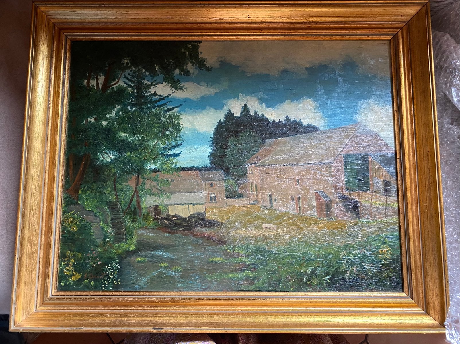 Peinture à l'huile (Paysage de campagne) signée Louis Dricot, Ophalen, Doek, Landschap, Olieverf
