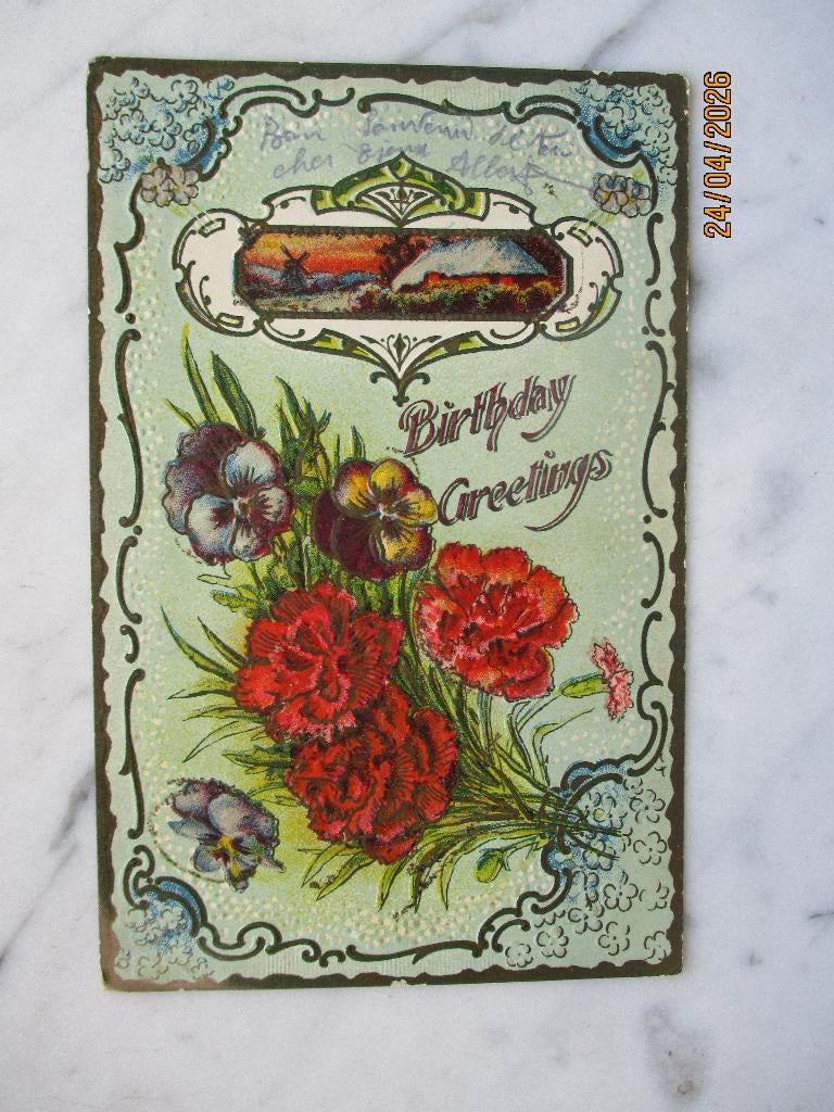 verjaardag bloemen zicht met molen 1918, Verzenden, Voor 1920, Ongelopen, Feest(dag)