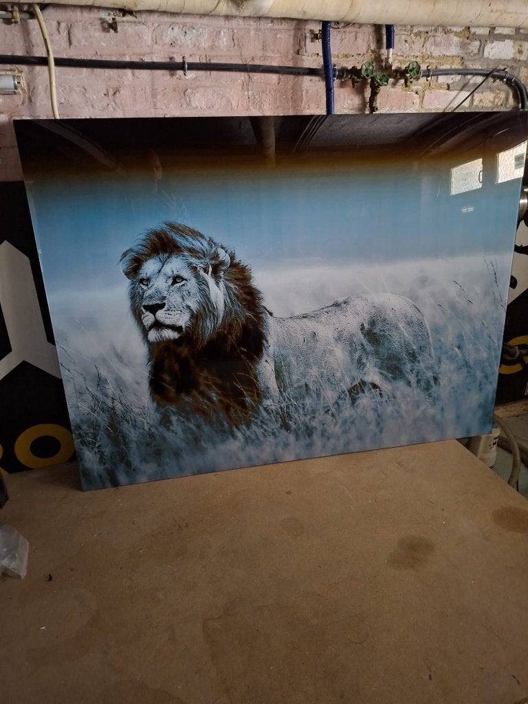 Tableau en verre 120 x 160 cm Lion Standing, Maison & Meubles, Suspendu, Comme neuf, Verre, Enlèvement