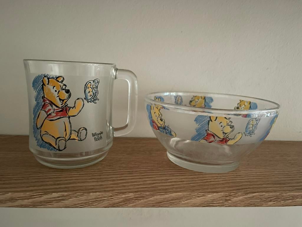 Vintage set tas en kom van Winnie The Pooh (Disney), Gebruikt, Overige typen, Ophalen of Verzenden, Glas
