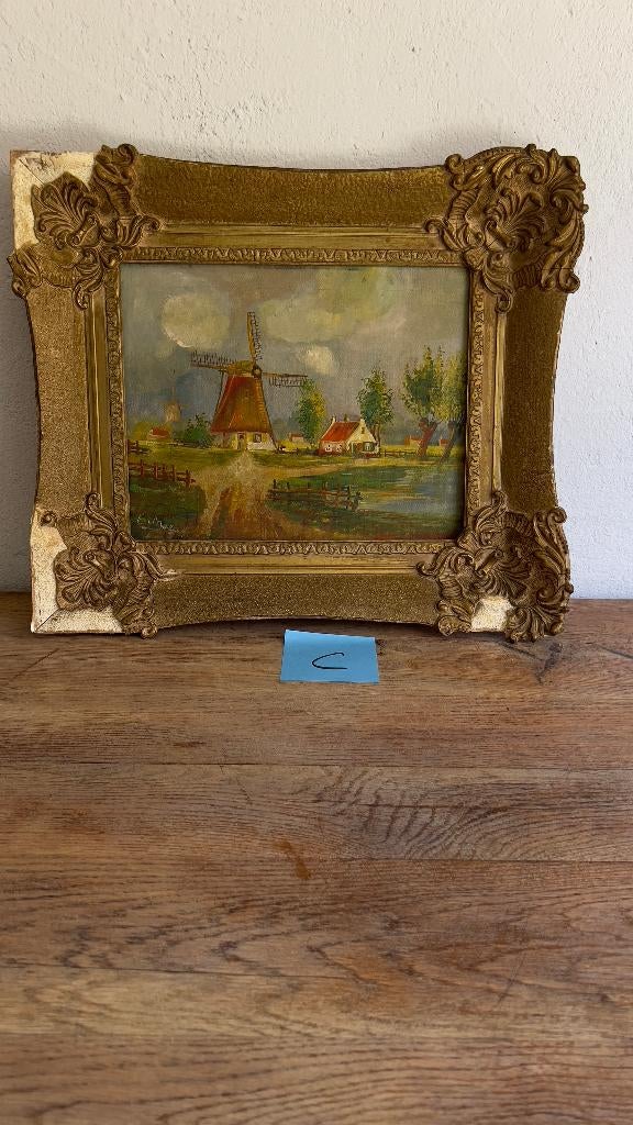 Olieverf Hollands landschap met windmolen, vergulde lijst, Antiek en Kunst, Kunst | Schilderijen | Klassiek, Ophalen of Verzenden