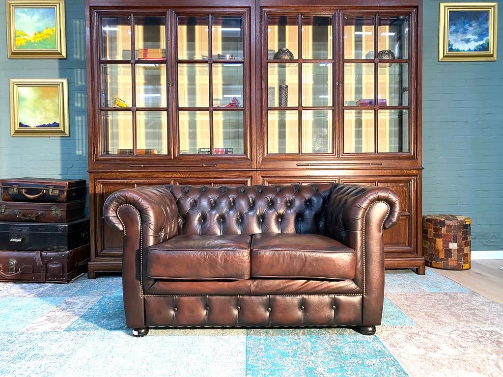 Compacte Chesterfield zetel bruin gevlamd, Ophalen of Verzenden, Leer