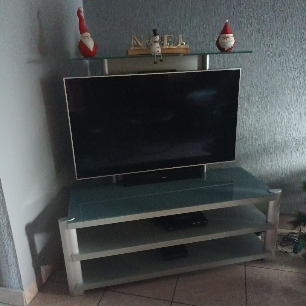 Meuble tv gris avec étagères en verre, Maison & Meubles, Verre, 100 à 150 cm, Enlèvement, Utilisé