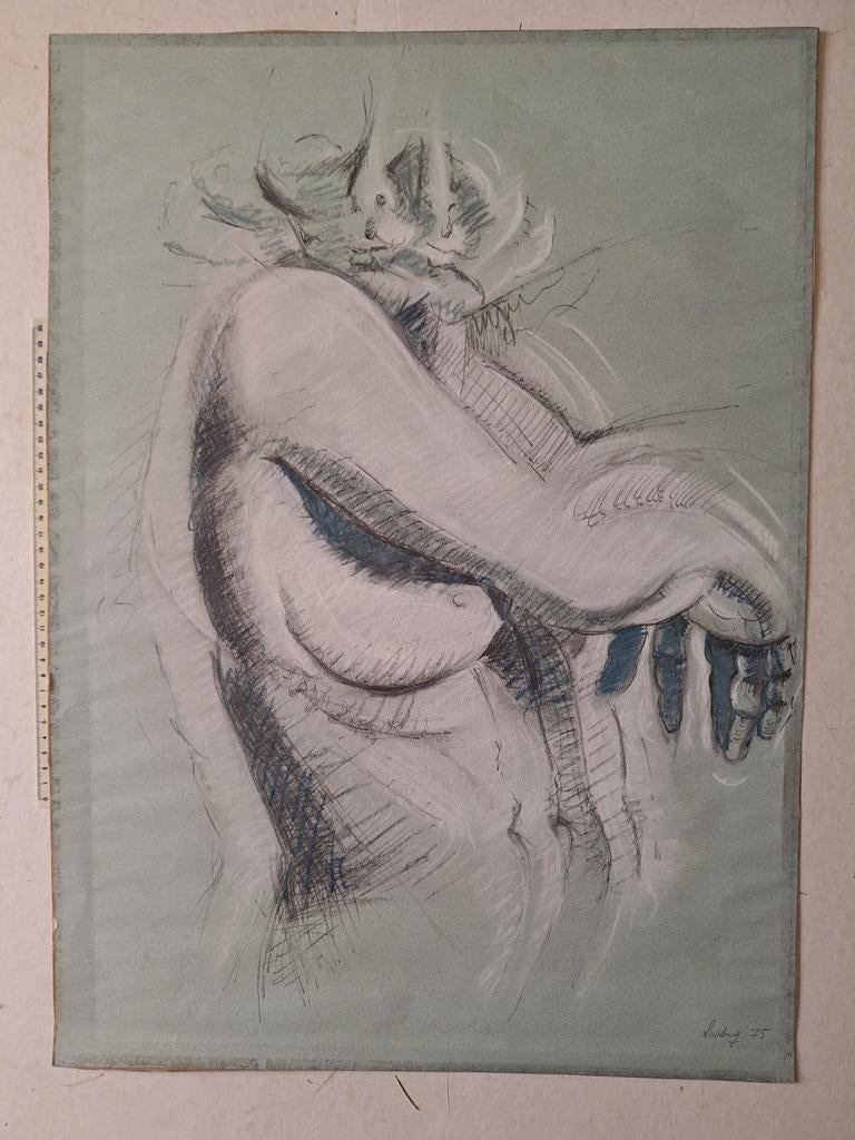 Ongewone tekening "Vrouw met kattenhoofd" Laadnig 1975, Antiek en Kunst, Kunst | Tekeningen en Fotografie, Ophalen of Verzenden