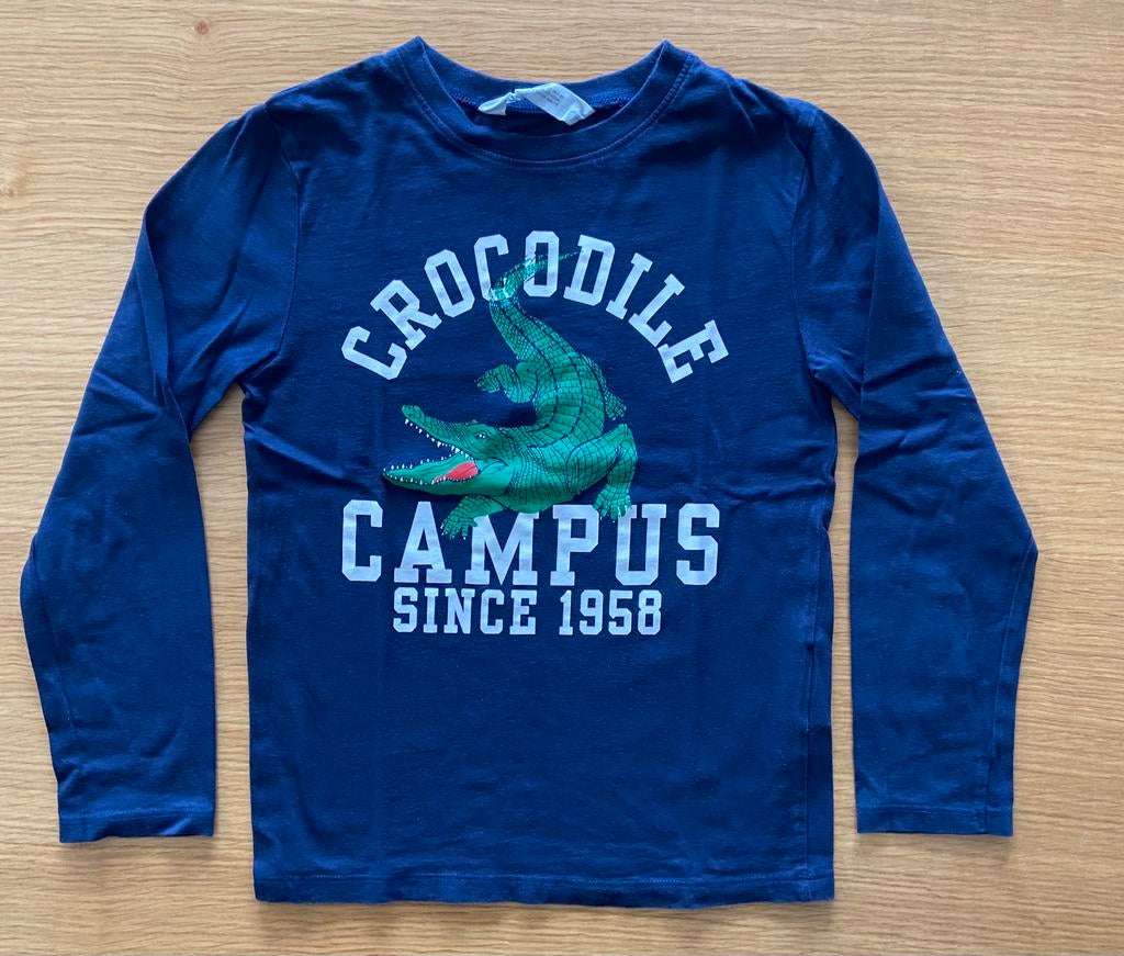 T-shirt bleu marine à longues manches crocodile - 7 ans - 6€, Comme neuf, H&M, Garçon, Chemise ou À manches longues
