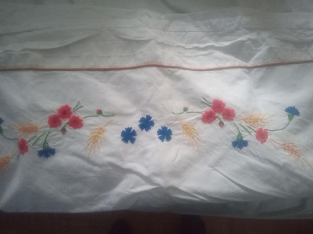 Drap brodés ancien en coton, Enlèvement ou Envoi, Utilisé, Deux personnes, Blanc