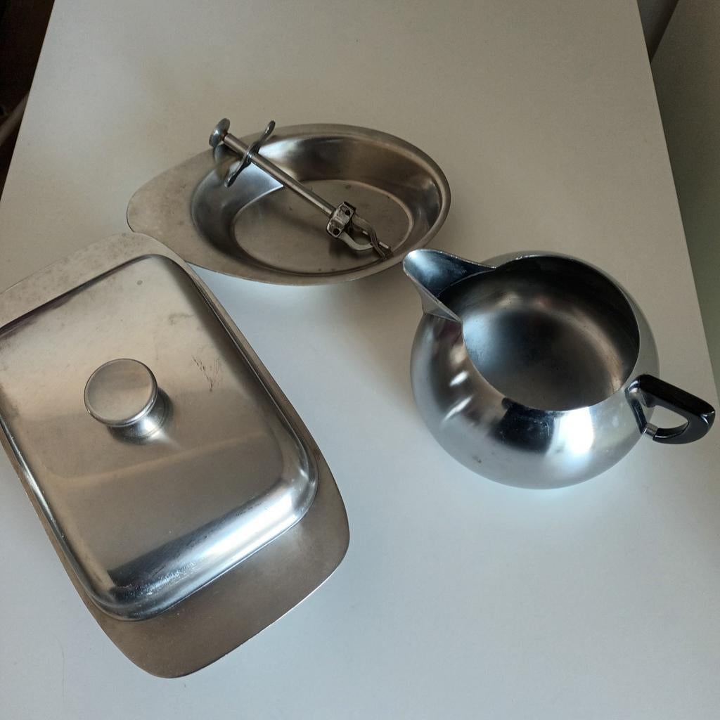 Inox botervloot  melkpoeder  suikerschaal  suikertang, Enlèvement ou Envoi, Comme neuf, Inox