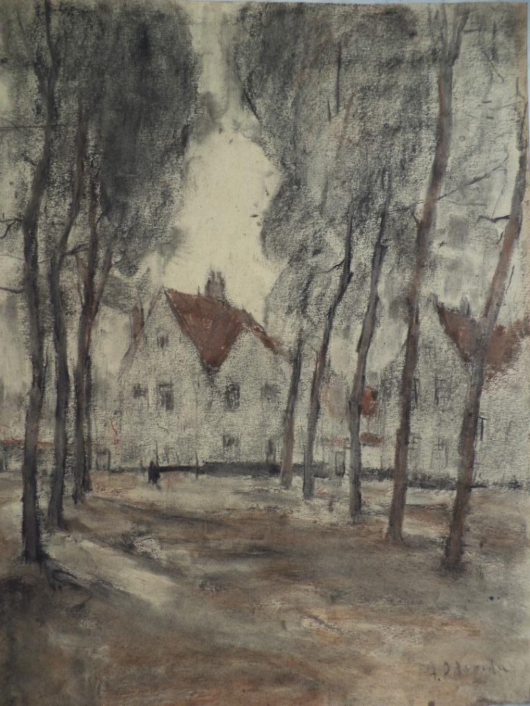 vers 1930 grand fusain pastel A. IDSERDA Beguinage de Bruges, Antiquités & Art, Enlèvement ou Envoi
