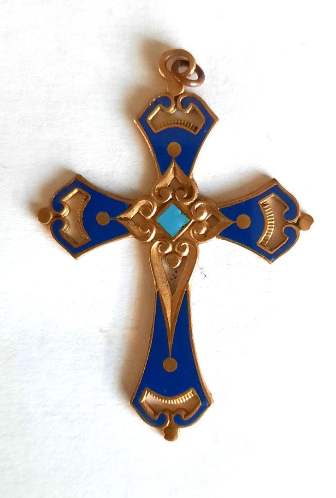 Frans blauw en turquoise geëmailleerd kruis (hanger), Verzamelen, Religie, Zo goed als nieuw, Christendom | Katholiek, Sieraad